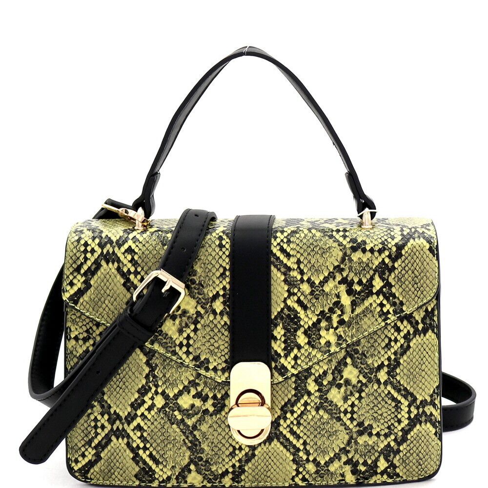 Retro Square Top-Handle Snake Vegan Leather Medium Lock Satchel Purse Crossbody